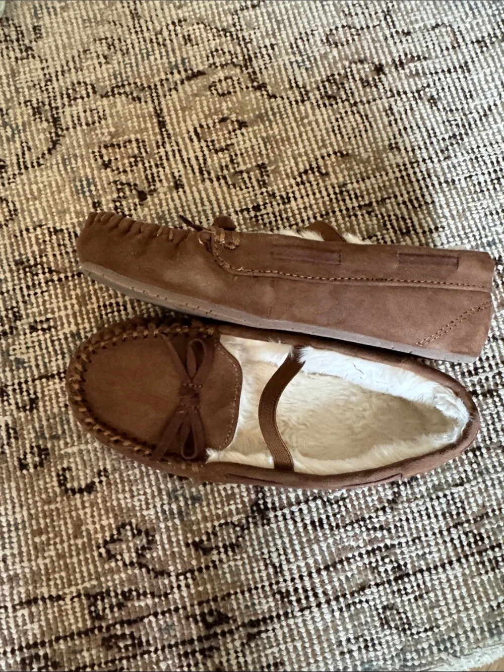 Brown Suede Faux-Fur Lined Moccasin Slippers, size 12